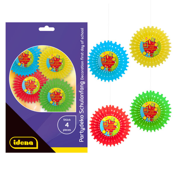 Set aus vier Partydekorationen zum Schulanfang in bunten Farben mit Motiven wie Schultafel, Schulbus und Schultüte
