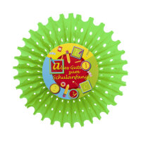 Set aus vier Partydekorationen zum Schulanfang in bunten Farben mit Motiven wie Schultafel, Schulbus und Schultüte