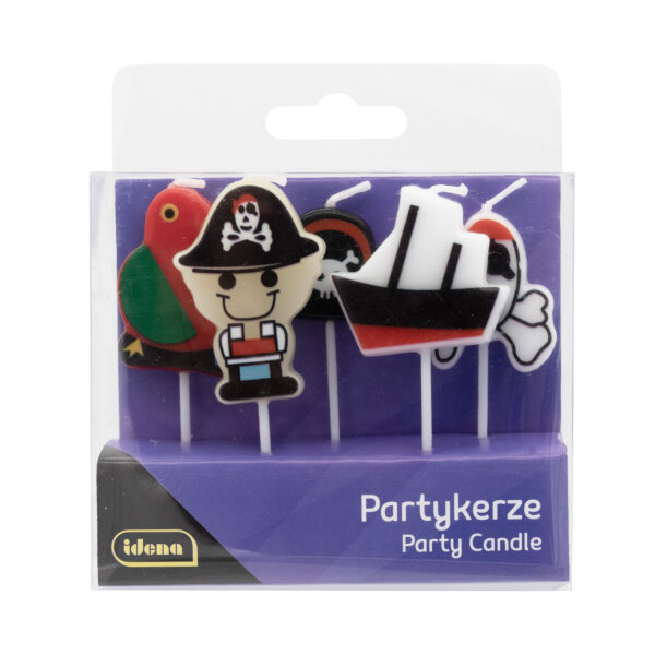Piraten-Partykerzen im 5er-Set mit Motiven wie Piratenschiff, Schatztruhe und Piratenhut