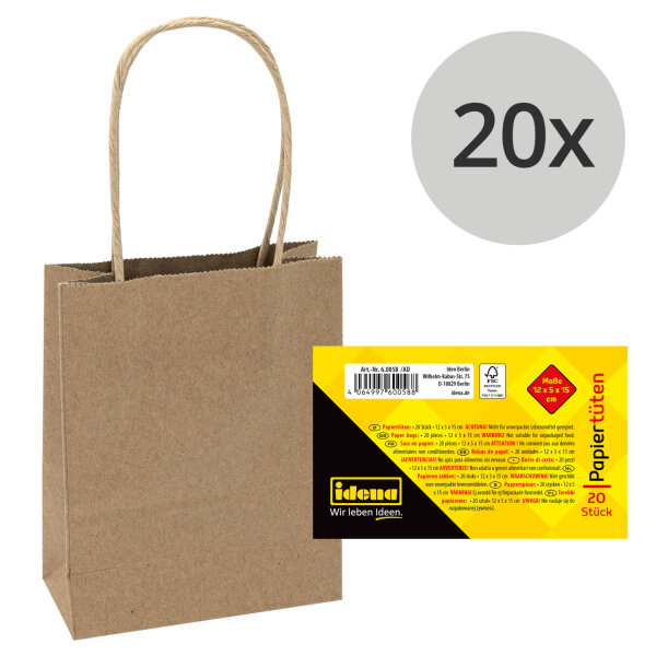20 braune Papiertüten aus FSC-recyceltem Papier mit den Maßen 12 x 15 x 5 cm für nachhaltiges Verpacken