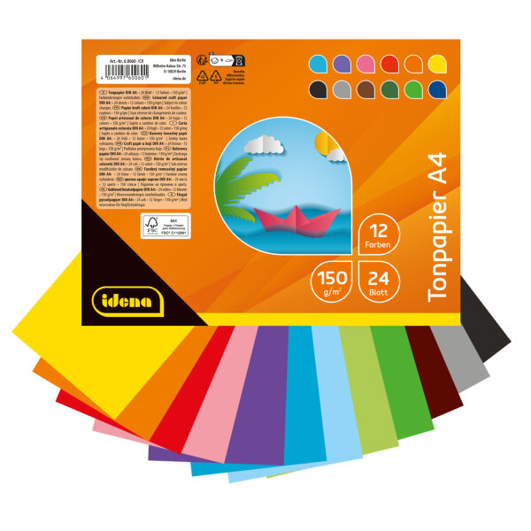 Tonpapier DIN A4 in 24 verschiedenen Farben mit einem Gewicht von 150 g/m² und FSC-Mix-Zertifizierung