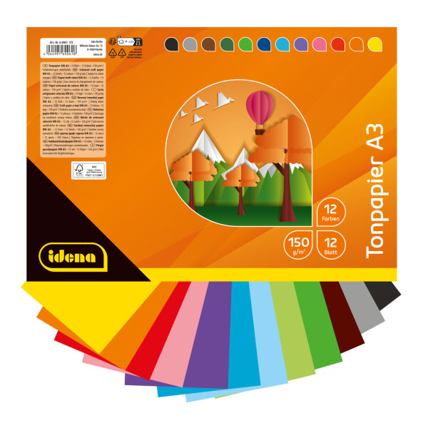 Buntes Tonpapier in DIN A3 Format mit 12 Farben und einem Gewicht von 150 g/m², FSC Mix zertifiziert