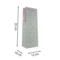 Grüne Flaschentasche mit Blumenmotiv, Maße 35 x 12,5 x 9 cm, aus FSC-zertifiziertem Material