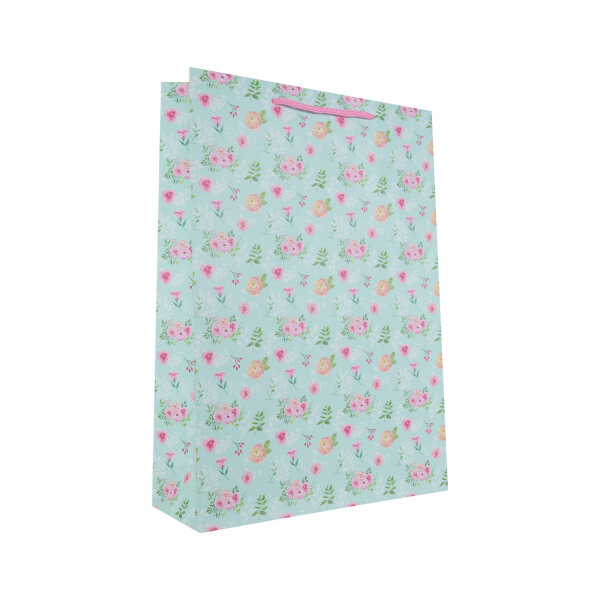 Geschenktasche in Blau mit Blumenmuster, Maße 34,5 x 25 x 8,5 cm, FSC Mix Zertifizierung
