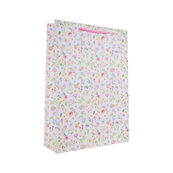 Rosa Geschenktasche mit Blumenmuster, 34,5 x 25 x 8,5 cm, FSC Mix zertifiziert
