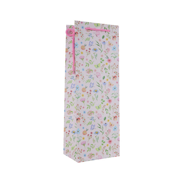 Rosa Flaschentasche mit Blumenmuster, ideal für Geschenkverpackungen, 35 x 12,5 x 9 cm, FSC Mix-zertifiziert