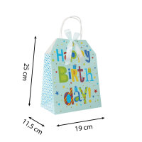 Blaue Geschenktasche Happy Birthday mit den Maßen 25 x 19 x 11,5 cm und FSC-Mix Zertifizierung