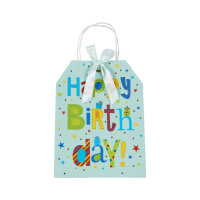 Blaue Geschenktasche Happy Birthday mit den Maßen 25 x 19 x 11,5 cm und FSC-Mix Zertifizierung