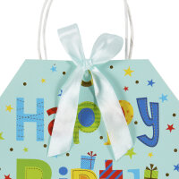 Blaue Geschenktasche Happy Birthday mit den Maßen 25 x 19 x 11,5 cm und FSC-Mix Zertifizierung