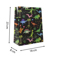 Bunte Geschenktasche mit Dinosaurier-Motiv, 23 x 18 x 8 cm groß und aus FSC-Mix-Material hergestellt
