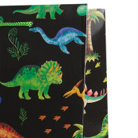 Bunte Geschenktasche mit Dinosaurier-Motiv, 23 x 18 x 8 cm groß und aus FSC-Mix-Material hergestellt