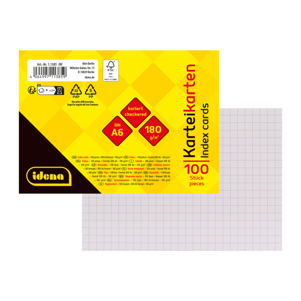Karteikarten kariert - 180g/m², weiß, DIN A6, 100 Stück