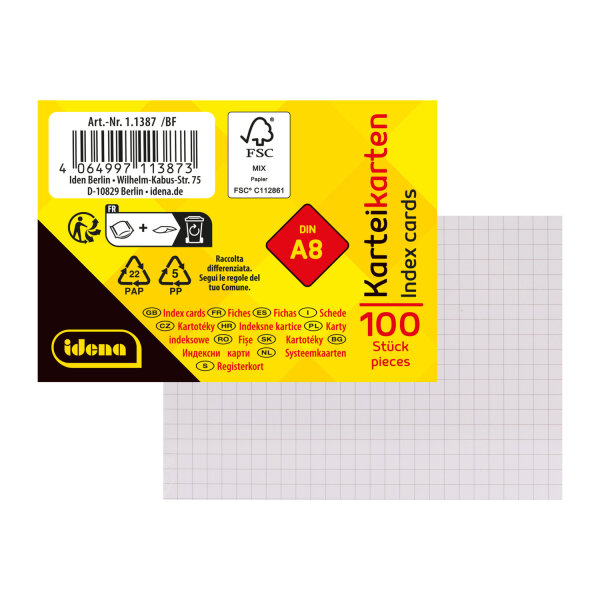 Karteikarten kariert - 180g/m², weiß, DIN A8, 100 Stück