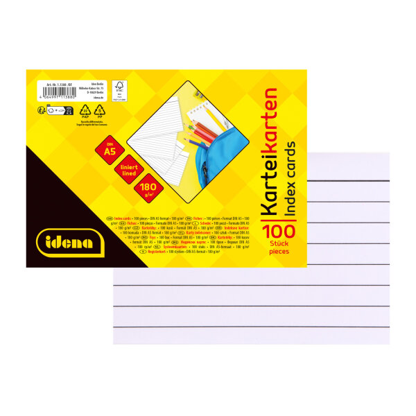 Karteikarten liniert - 180g/m², weiß, DIN A5, 100 Stück
