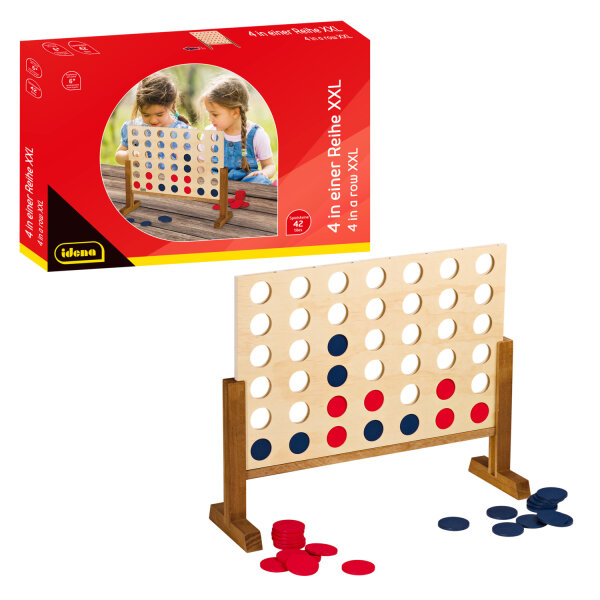Klassisches Holzspiel 4 in einer Reihe in XXL-Format mit 45 x 56 x 17 cm und bunt gemusterten Spielsteinen.