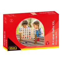 Klassisches Holzspiel 4 in einer Reihe in XXL-Format mit 45 x 56 x 17 cm und bunt gemusterten Spielsteinen.