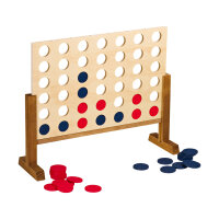 Klassisches Holzspiel 4 in einer Reihe in XXL-Format mit 45 x 56 x 17 cm und bunt gemusterten Spielsteinen.