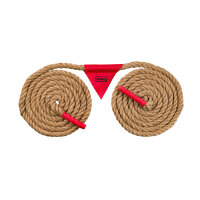 Buntes Seilspiel für Tauziehen mit Griffen in Rot, Blau, Gelb und Grün für Spaß im Freien.