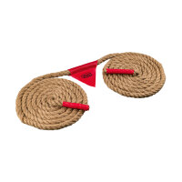 Buntes Seilspiel für Tauziehen mit Griffen in Rot, Blau, Gelb und Grün für Spaß im Freien.