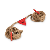 Buntes Seilspiel für Tauziehen mit Griffen in Rot, Blau, Gelb und Grün für Spaß im Freien.