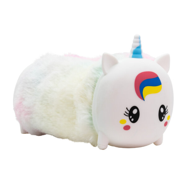 Flauschiger Schlamper-Einhorn Stiftehalter in Pink mit bunten Details und einer Größe von 22 cm