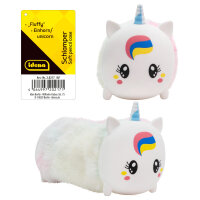 Flauschiger Schlamper-Einhorn Stiftehalter in Pink mit bunten Details und einer Größe von 22 cm
