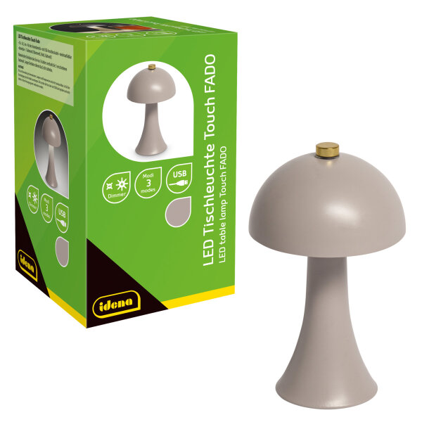 LED Tischleuchte - touch, Pilzform, Akku, USB C, grau, 10 x 16,5 cm, dimmbar, Innen