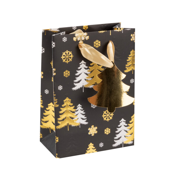 Geschenktasche Tannenbäume - schwarz/gold, 16 x 11,5 x 6 cm