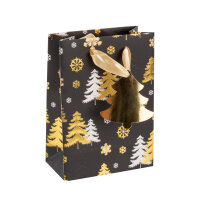 Geschenktasche Tannenbäume - schwarz/gold, 16 x 11,5...