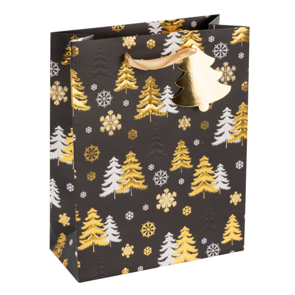 Geschenktasche Tannenbäume - schwarz/gold, 23 x 18 x 8 cm
