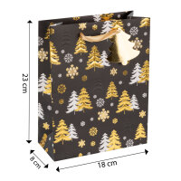 Geschenktasche Tannenbäume - schwarz/gold, 23 x 18 x 8 cm
