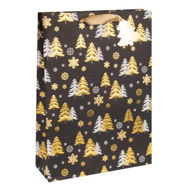 Geschenktasche Tannenbäume - schwarz/gold, 34,5 x 25 x 8,5 cm