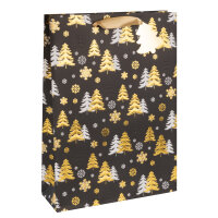 Geschenktasche Tannenbäume - schwarz/gold, 34,5 x 25...