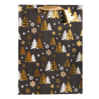 Geschenktasche Tannenbäume - schwarz/gold, 34,5 x 25...