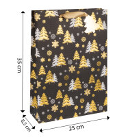 Geschenktasche Tannenbäume - schwarz/gold, 34,5 x 25 x 8,5 cm