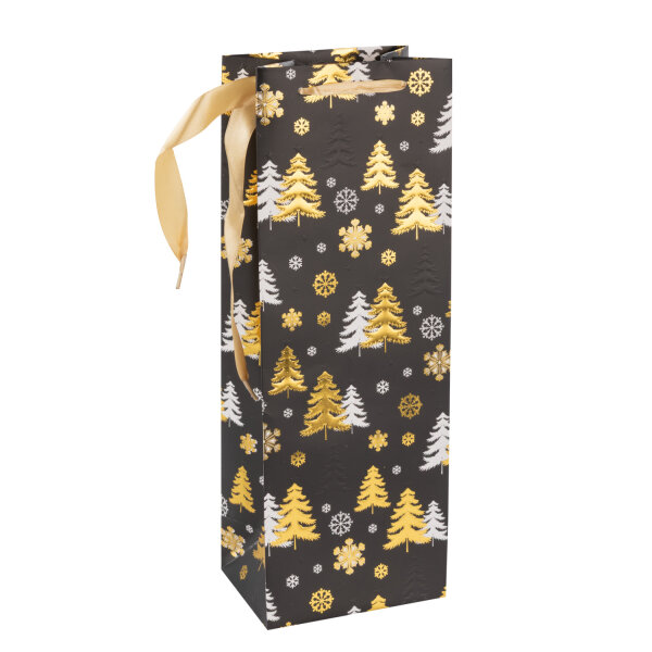 Flaschentasche Tannenbäume - schwarz/gold, 35 x 12,5 x 9 cm