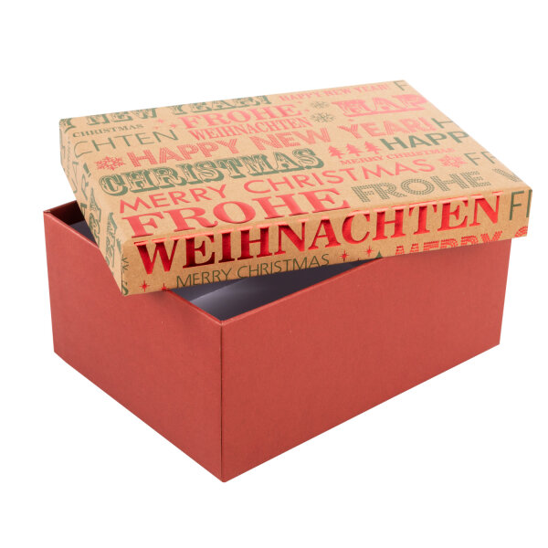 Gerschenkbox Schriftzüge - Frohe Weihnachten / Happy New Year, 20 x 15 x 9 cm