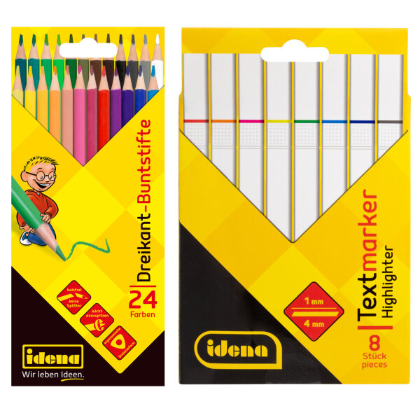 Buntes Set mit 8 dreieckigen Textmarkern und Buntstiften aus holzfreiem Material