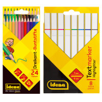 Buntes Set mit 8 dreieckigen Textmarkern und Buntstiften...