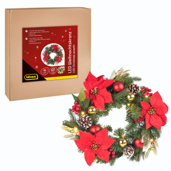 Weihnachtskranz 15 LED - 6h Timer, Ø40cm, batteriebetrieben, warmweiß für Innen