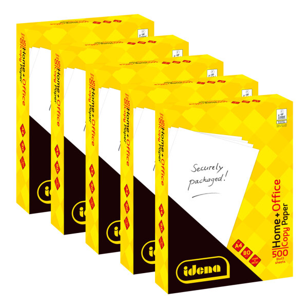 Fünf Bundles Kopierpapier für das Home-Office in Weiß mit 80g/m² und 500 Blatt pro Stück.