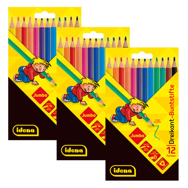 Bundle bunter Jumbo-Buntstifte aus holzfreiem Material in 12 Farben - 3 Stück.