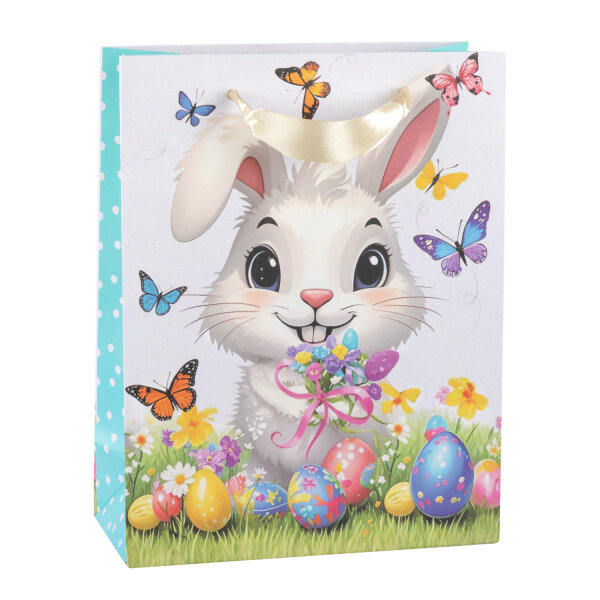 Geschenktasche Ostern - Hase, weiß mit Eiern, 18 x 23 x 8 cm
