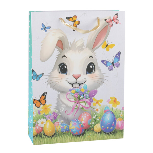 Geschenktasche - Ostern, Hase weiß mit Eiern, 25 x 34,5 x 8,5 cm, 210g/m²