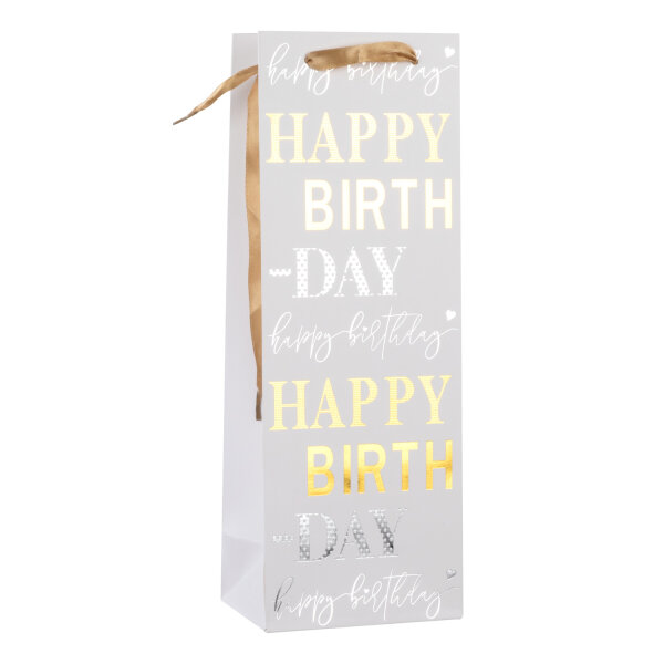 Flaschentasche - Happy Birthday, weiß, 12,5 x 35 x 9 cm, 210g/m², Heißprägung