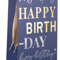 Flaschentasche - Happy Birthday, blau, 12,5 x 35 x 9 xcm, 210g/m², Heißprägung