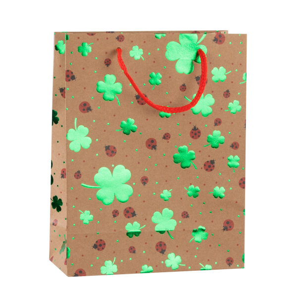 Geschenktasche - Kleeblatt & Marienkäfer, Kraftpapier, 18 x 23 x 8 cm, 140g/m², Heißprägung