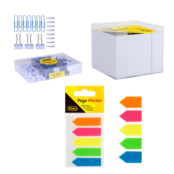 Büro-Set 3-teilig – Klammern, Zettelbox & Marker