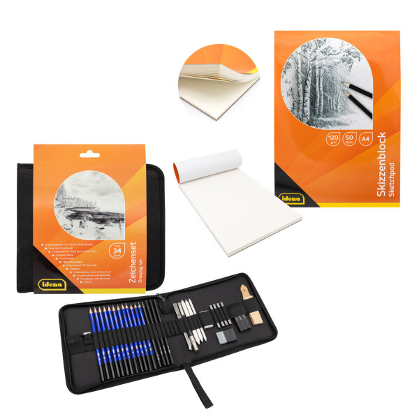 Zeichenset 2-teilig – Skizzenblock & 34-teiliges Kreativset