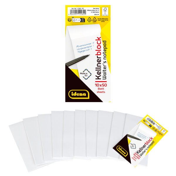 Kellnerblock - weißes Papier, 10 x 50 Blatt